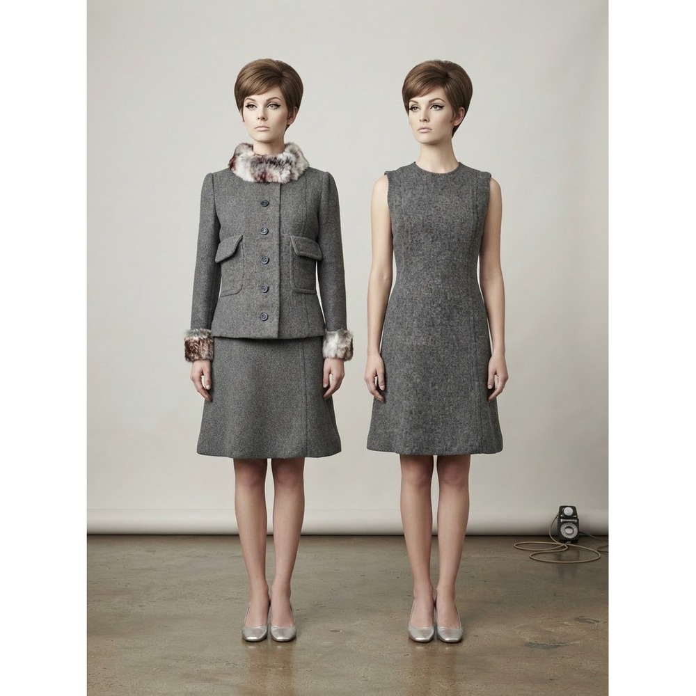 Rare Vintage 1960s Gray Wool Suit Set Chinchilla Fur Trim Dress and Coat Jackett